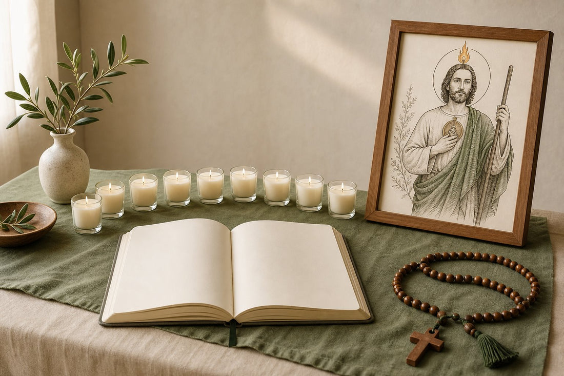 Mesa de oración con nueve velas y una ilustración original de San Judas Tadeo