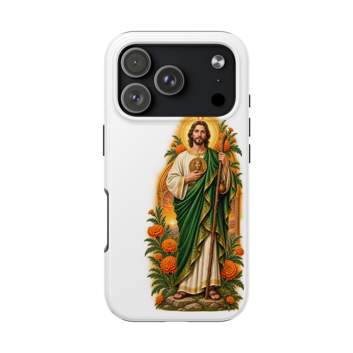 iPhone 17 Pro San Judas phone case with marigold sun arch artwork
