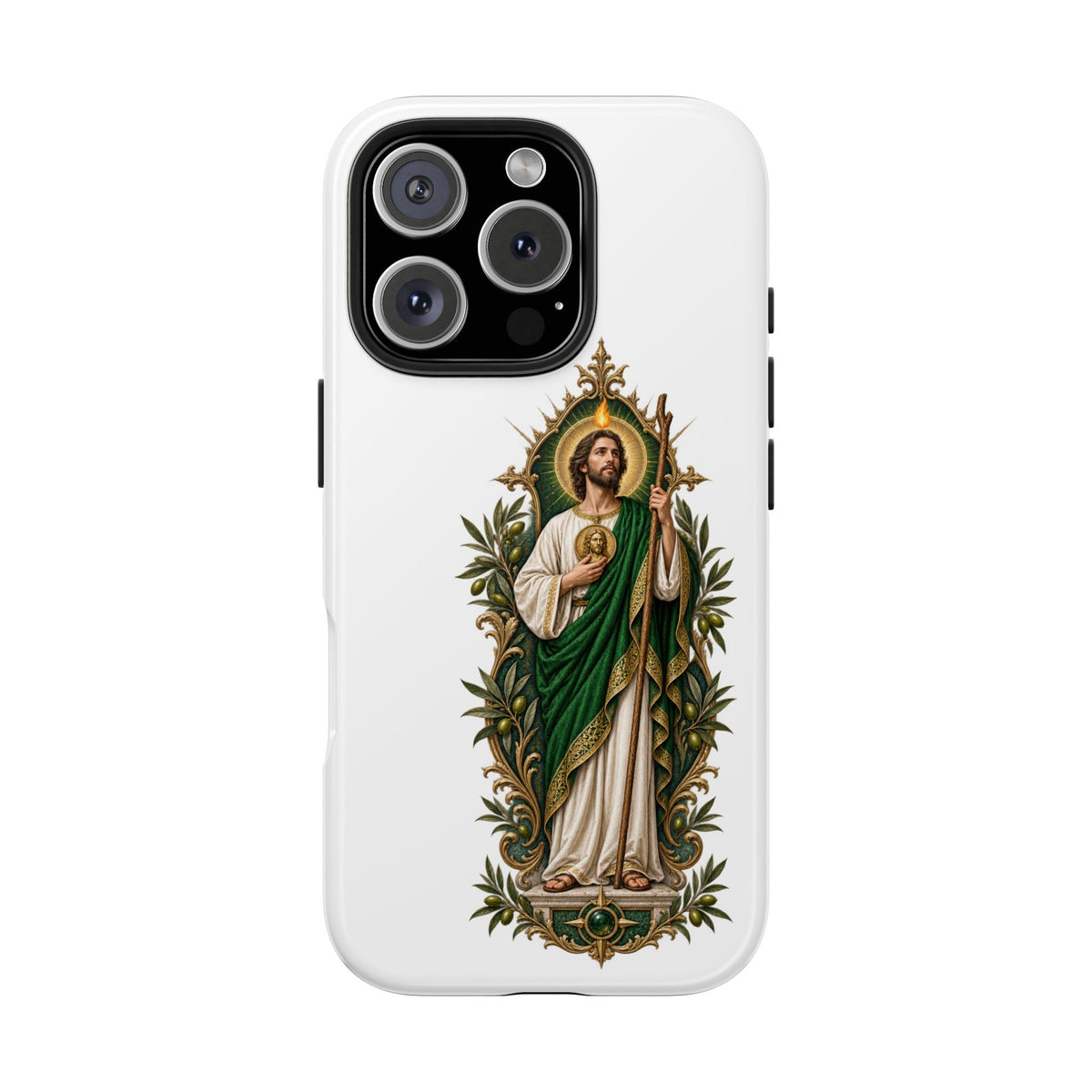 iPhone 16 Pro San Judas phone case with olive and antique gold reliquary artwork