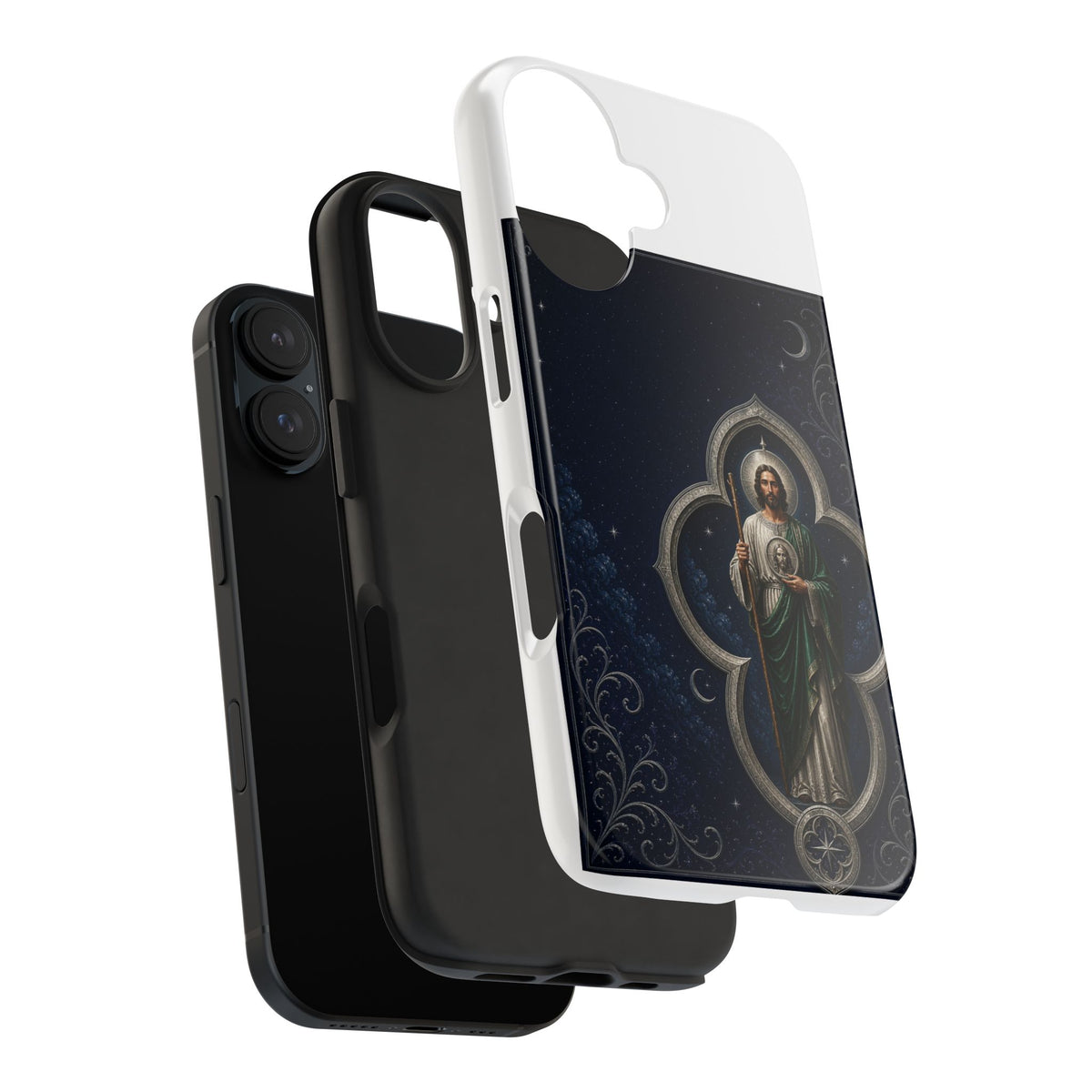 San Judas phone case with silver moon quatrefoil artwork, detail view 27