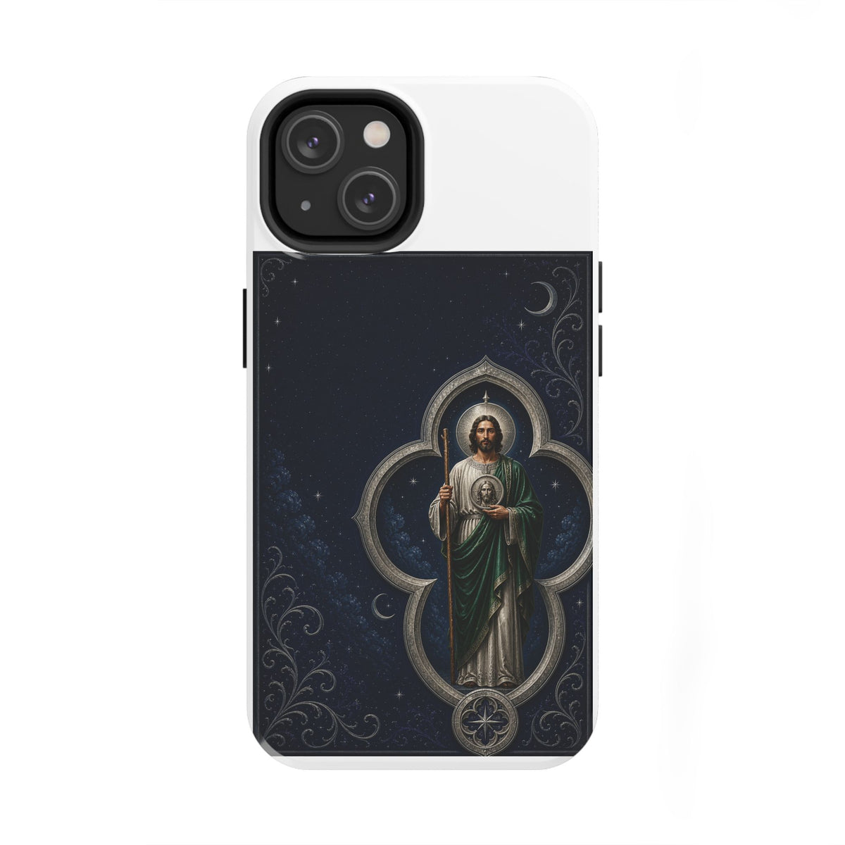 iPhone 14 San Judas phone case with silver moon quatrefoil artwork