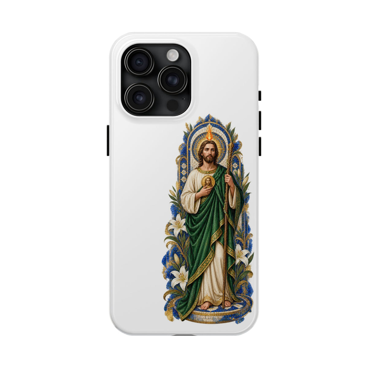 iPhone 15 Pro Max San Judas phone case with cobalt chapel mosaic artwork