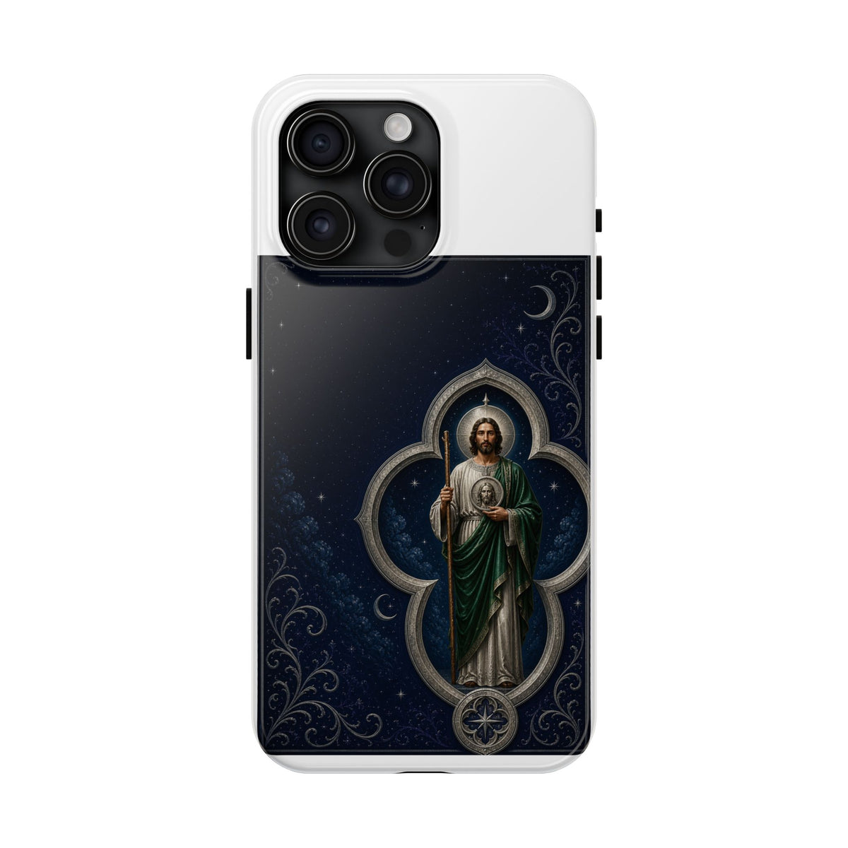 iPhone 15 Pro Max San Judas phone case with silver moon quatrefoil artwork