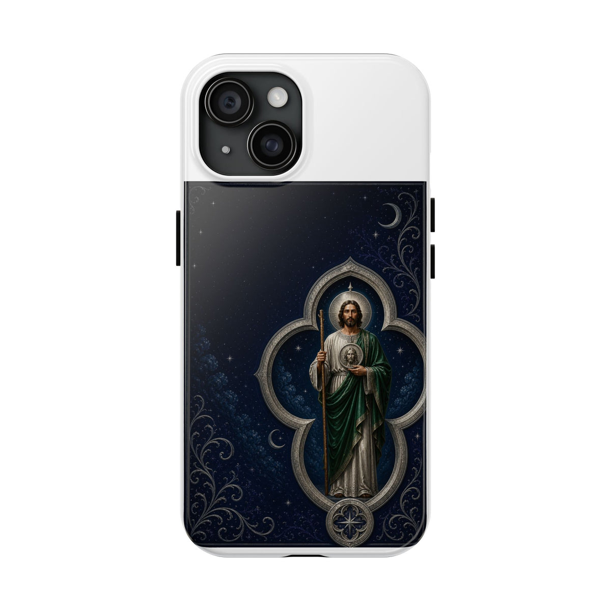 iPhone 15 San Judas phone case with silver moon quatrefoil artwork