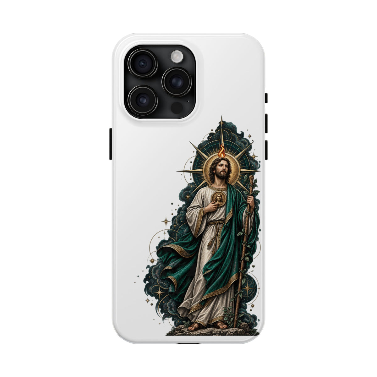 iPhone 15 Pro Max San Judas phone case with midnight blue compass artwork