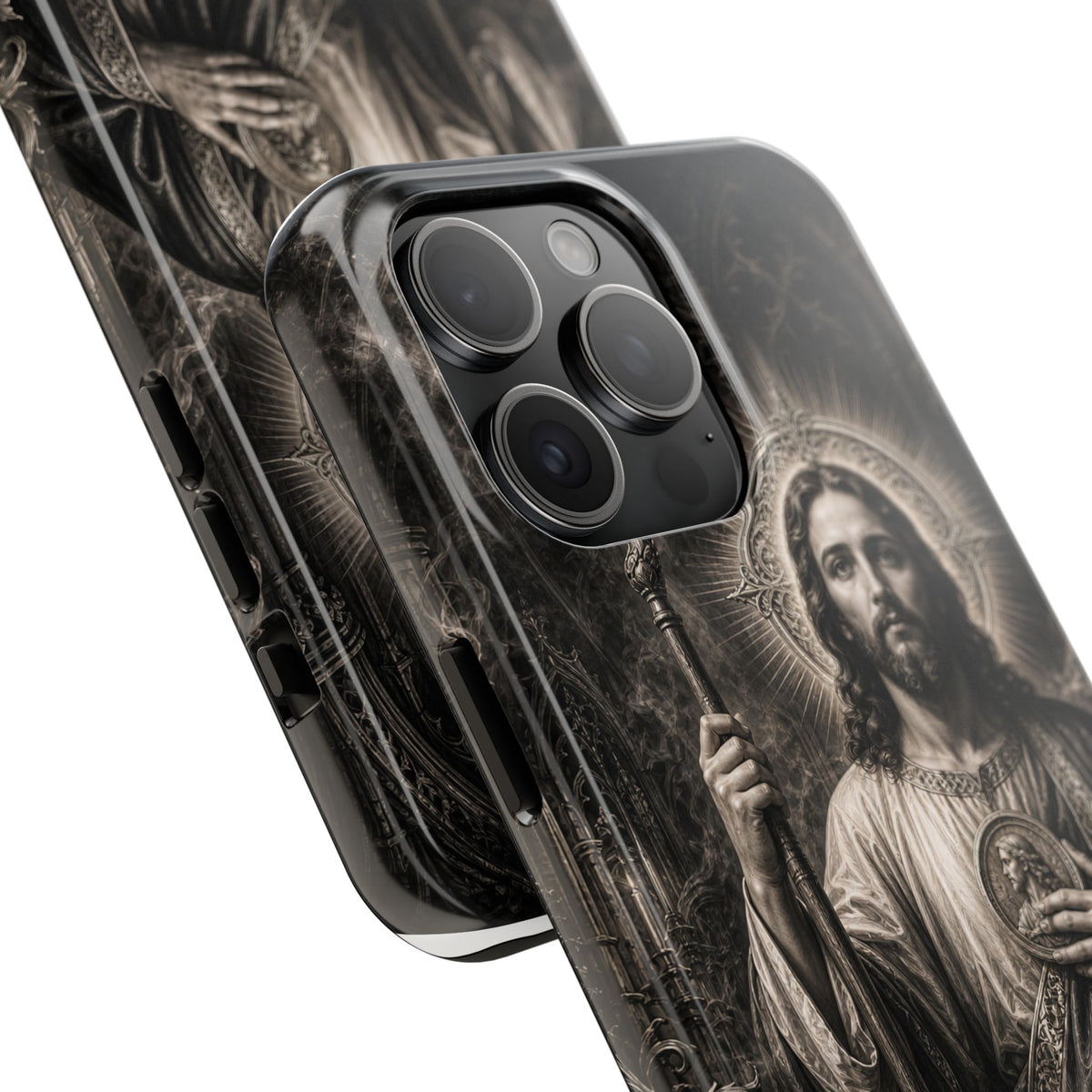 San Judas phone case with black and grey Gothic cathedral artwork, detail view 19