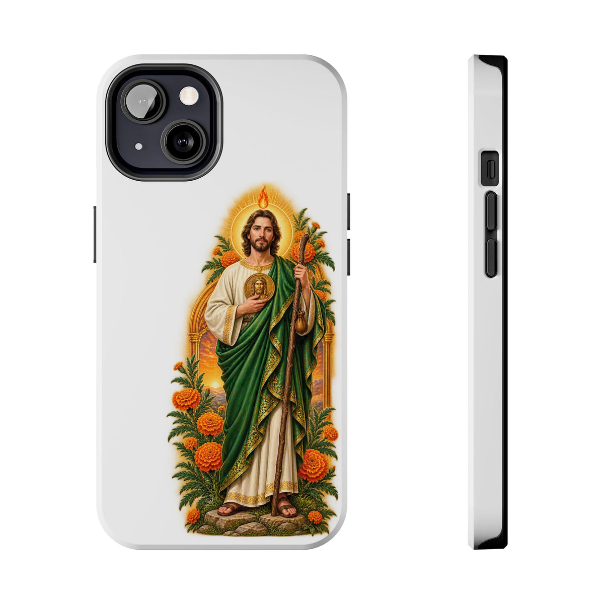 iPhone 13 San Judas phone case with marigold sun arch artwork