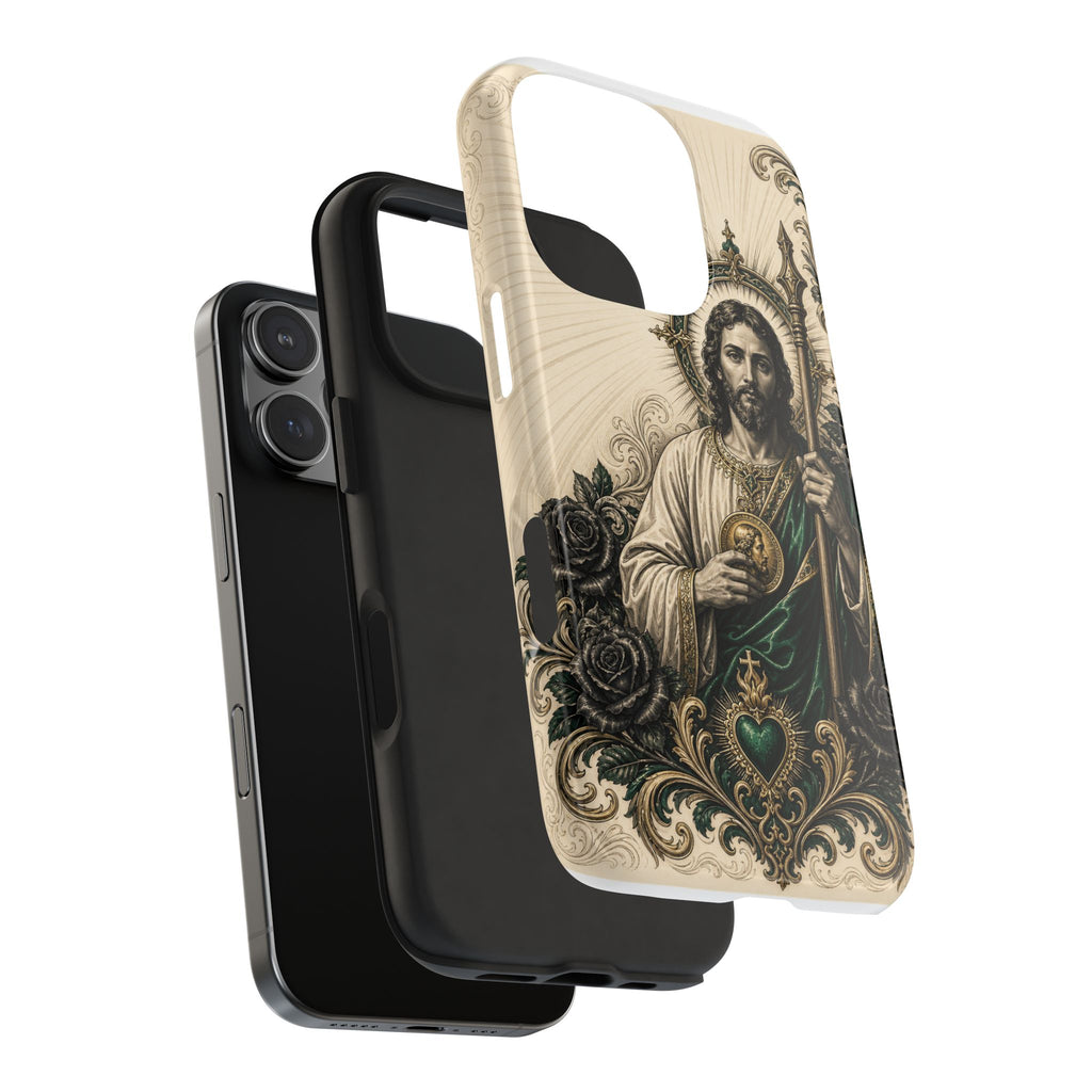 San Judas phone case with emerald and gold Sacred Heart artwork, detail view 23