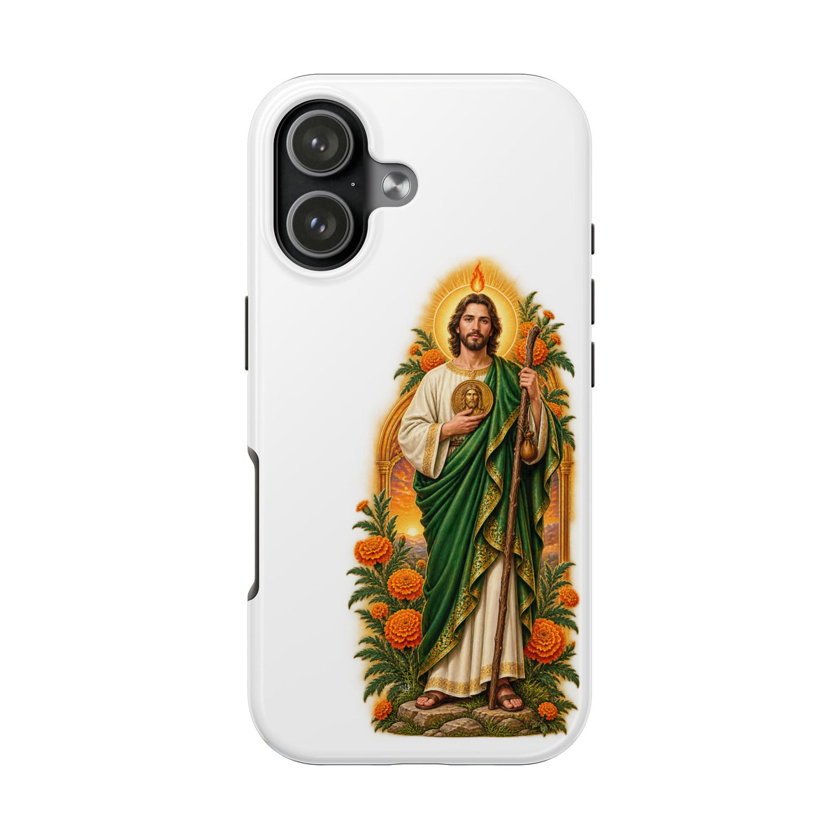 iPhone 17 San Judas phone case with marigold sun arch artwork