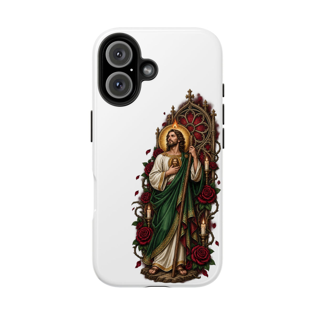 iPhone 16 San Judas phone case with crimson rose window artwork