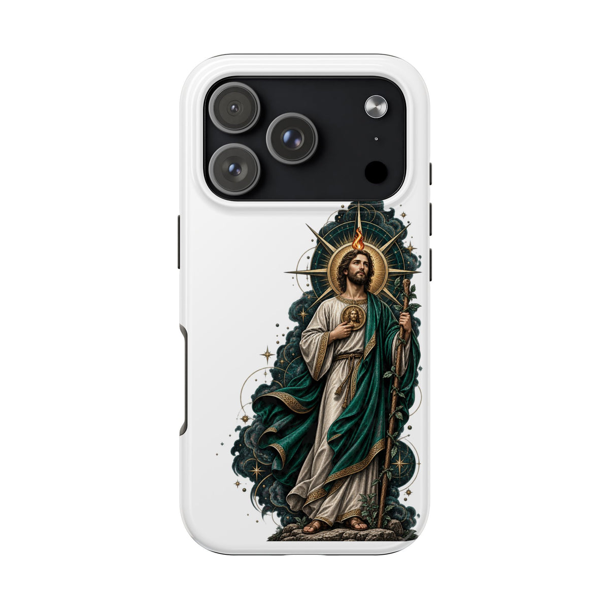 iPhone 17 Pro San Judas phone case with midnight blue compass artwork