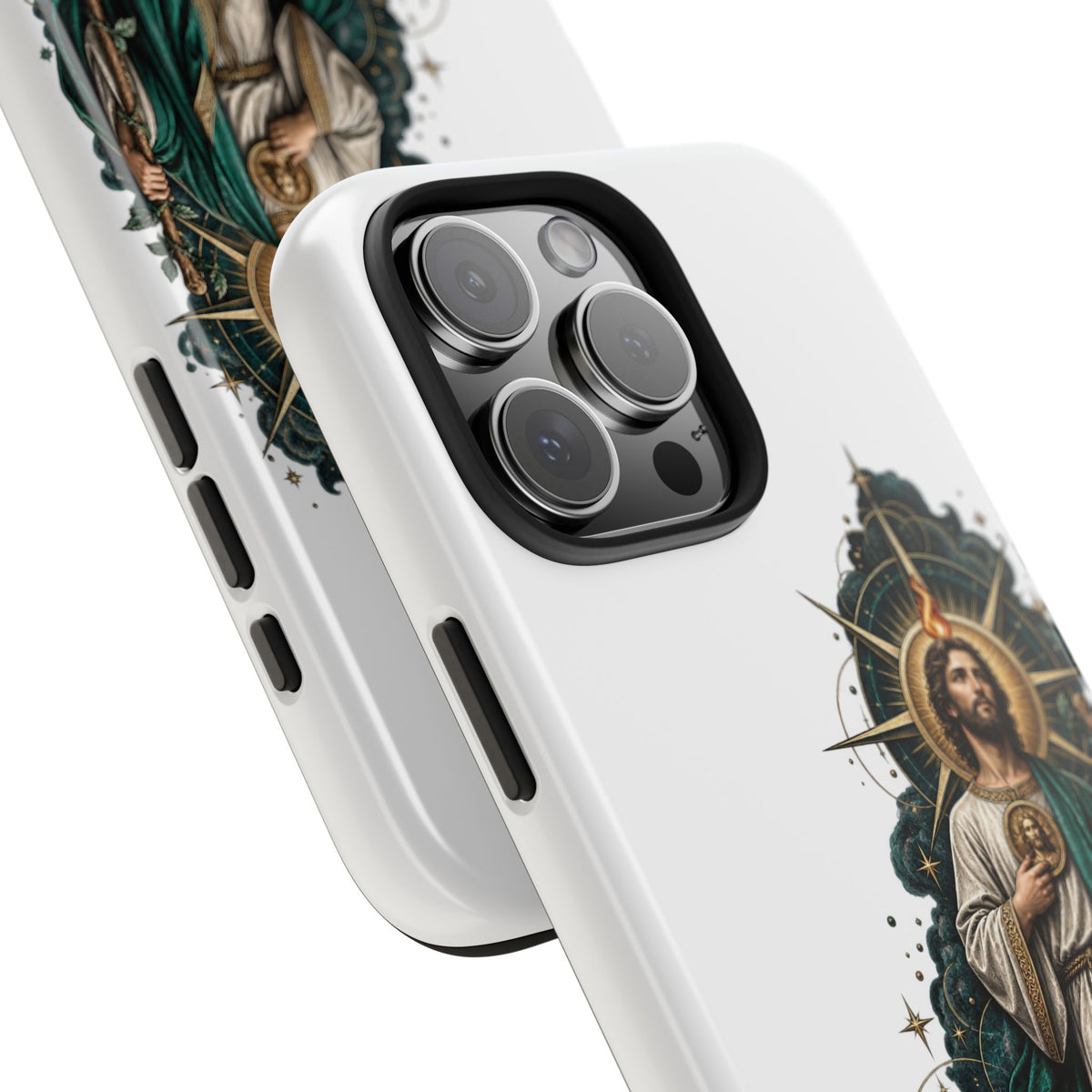 San Judas phone case with midnight blue compass artwork, detail view 24