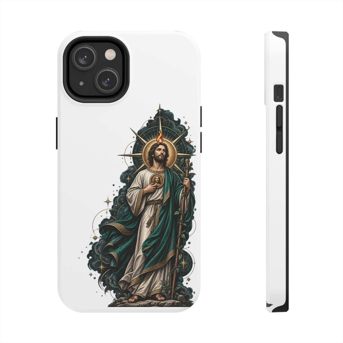 San Judas phone case with midnight blue compass artwork, detail view 14