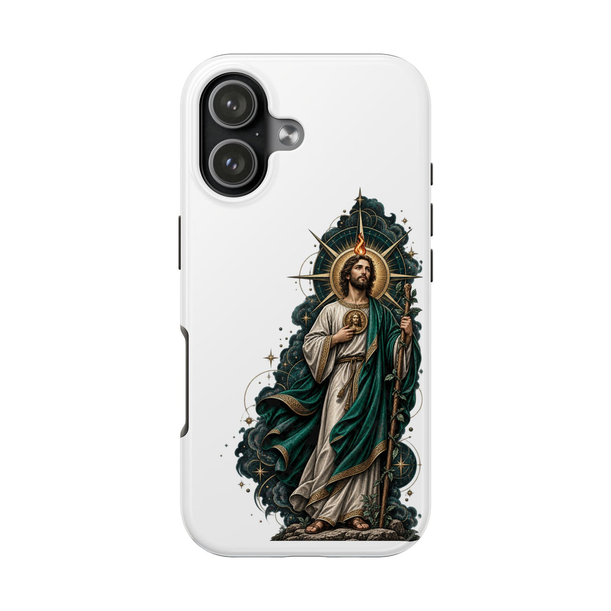 iPhone 17 San Judas phone case with midnight blue compass artwork