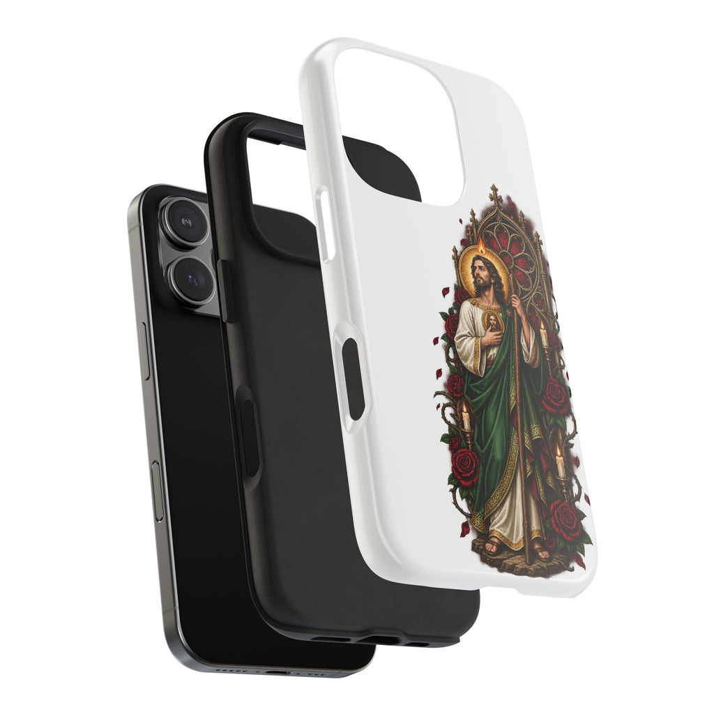 San Judas phone case with crimson rose window artwork, detail view 23