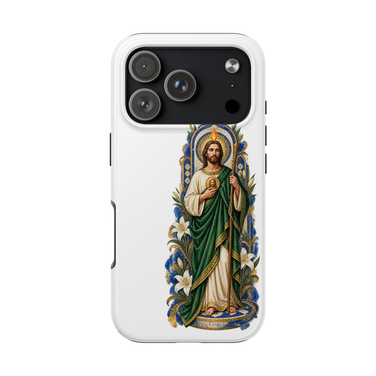 iPhone 17 Pro San Judas phone case with cobalt chapel mosaic artwork