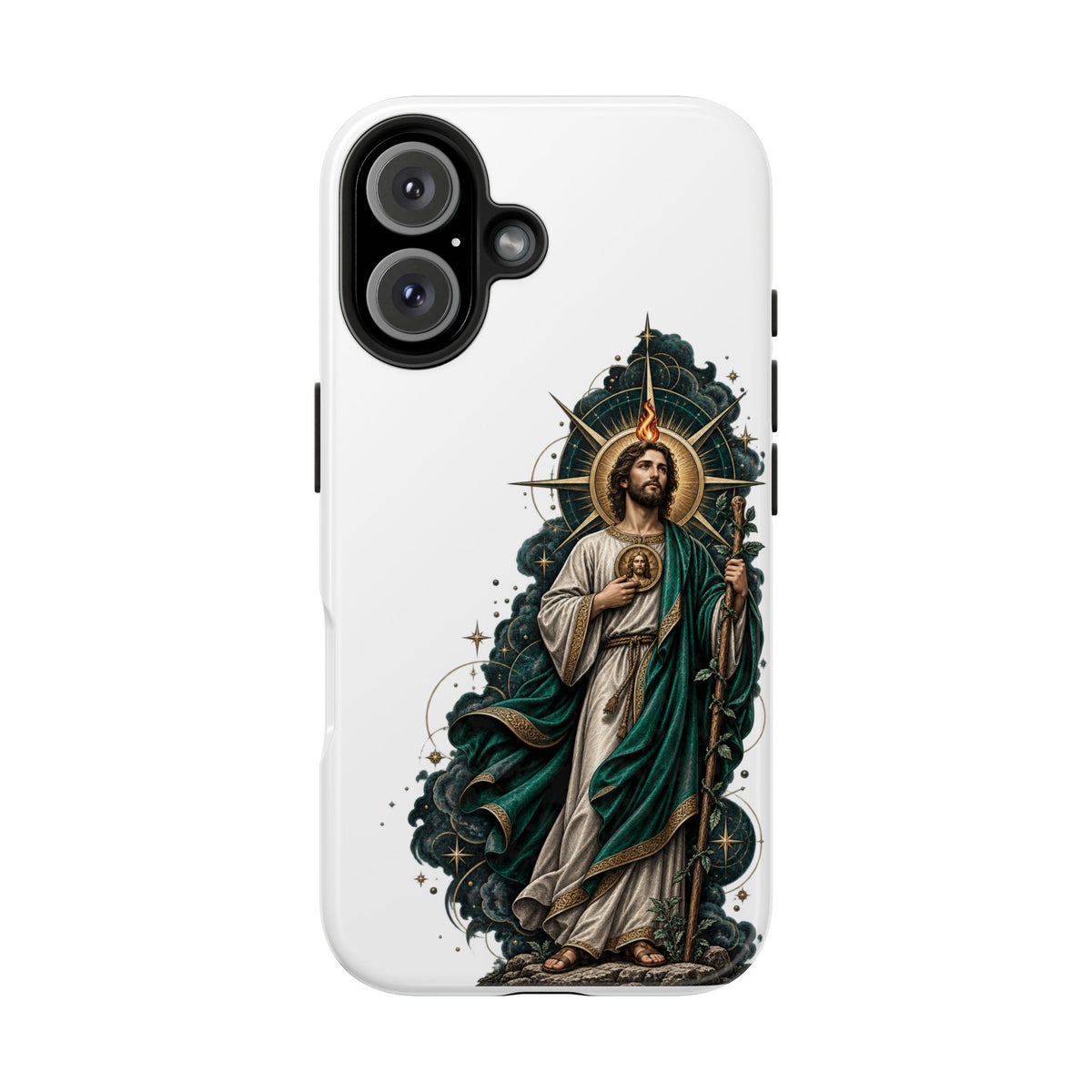 iPhone 16 San Judas phone case with midnight blue compass artwork