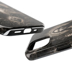 San Judas phone case with black and grey Gothic cathedral artwork, detail view 17