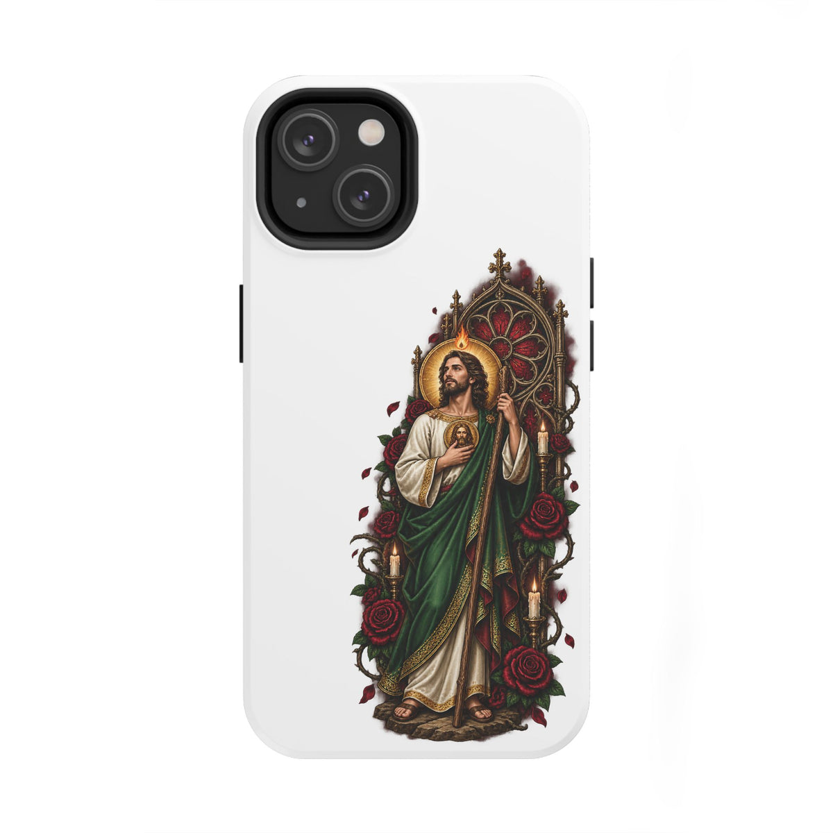 iPhone 14 San Judas phone case with crimson rose window artwork