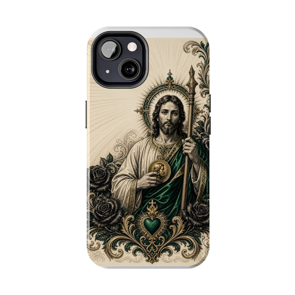 San Judas phone case with emerald and gold Sacred Heart artwork, detail view 11