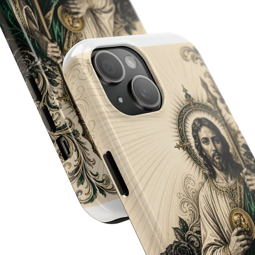 San Judas phone case with emerald and gold Sacred Heart artwork, detail view 16