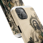 San Judas phone case with emerald and gold Sacred Heart artwork, detail view 16