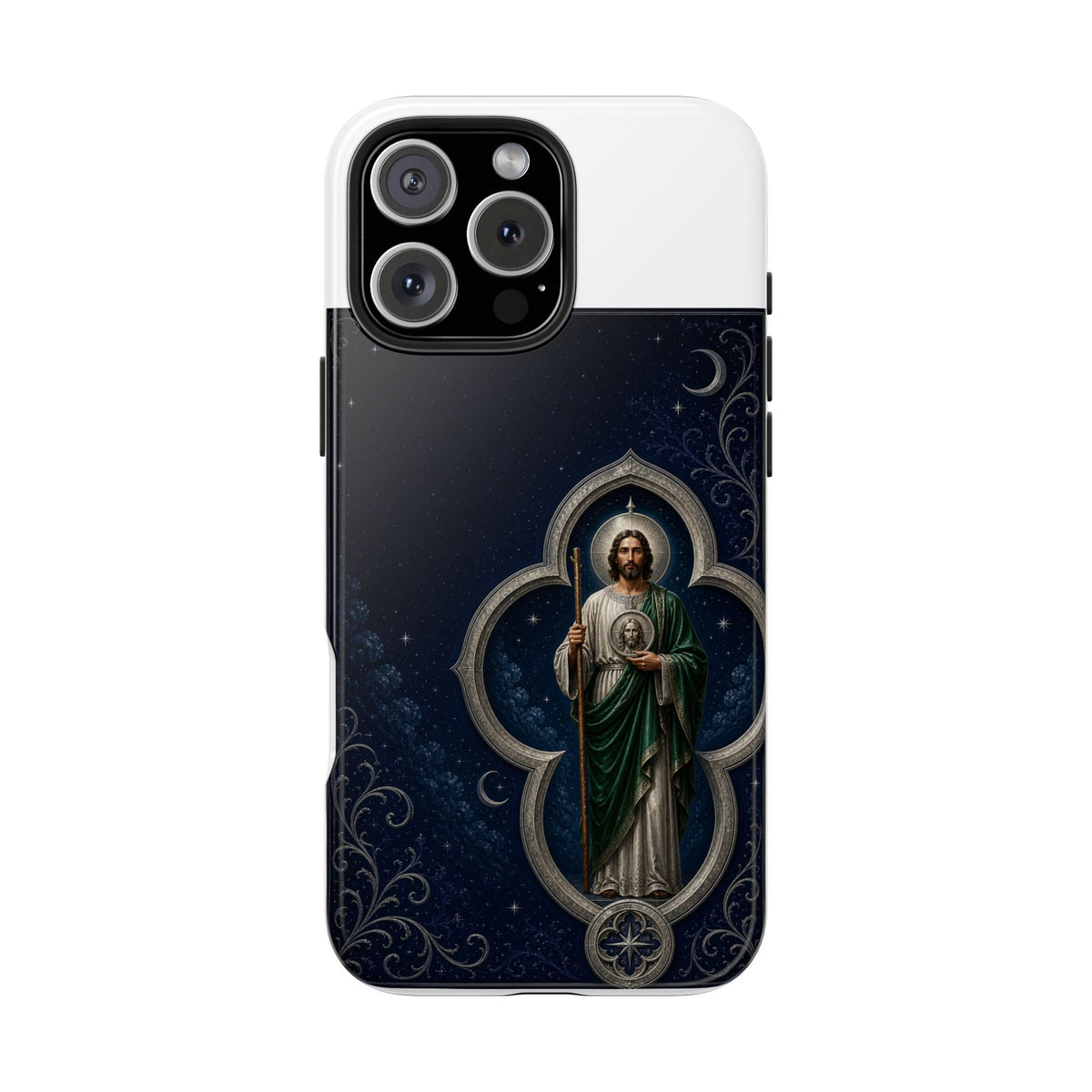 iPhone 16 Pro Max San Judas phone case with silver moon quatrefoil artwork
