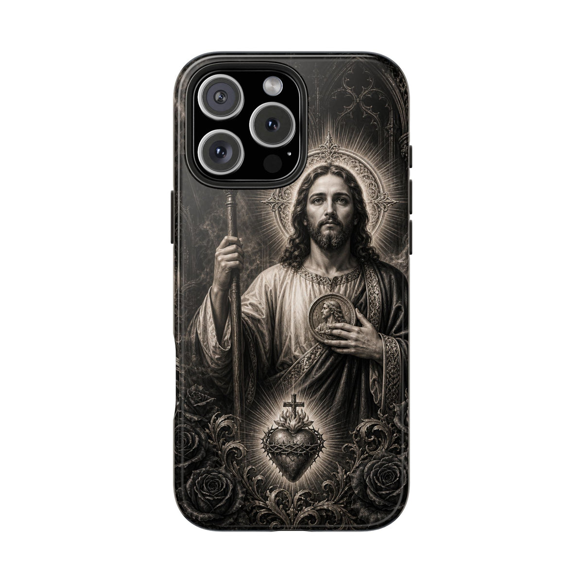 iPhone 16 Pro Max San Judas phone case with black and grey Gothic cathedral artwork