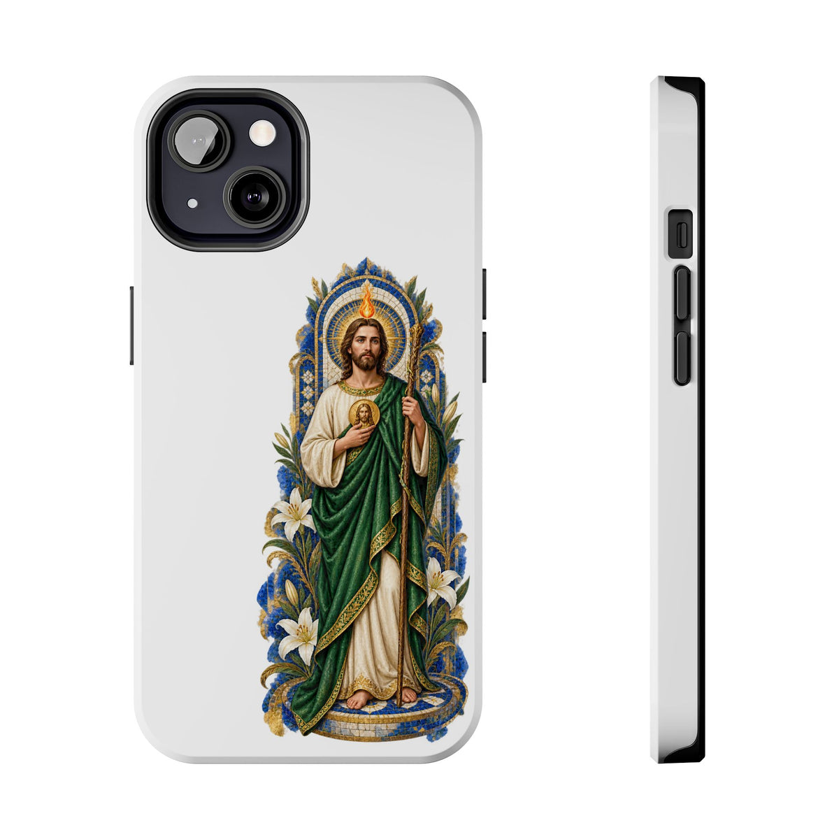 iPhone 13 San Judas phone case with cobalt chapel mosaic artwork
