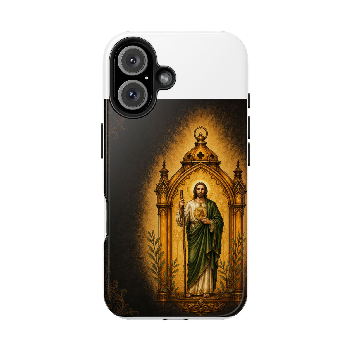 iPhone 16 San Judas phone case with amber pilgrim lantern artwork