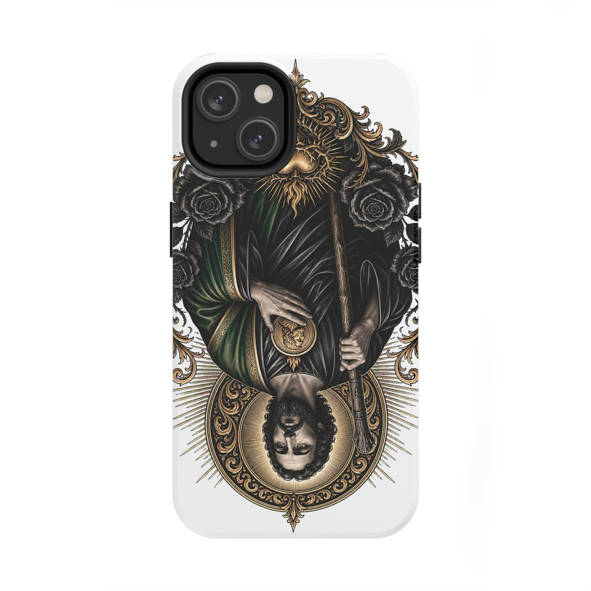iPhone 14 San Judas phone case with black and gold Sacred Heart artwork