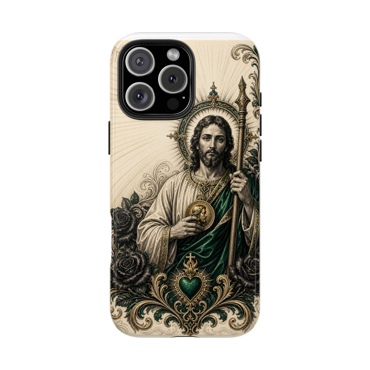 iPhone 16 Pro Max San Judas phone case with emerald and gold Sacred Heart artwork
