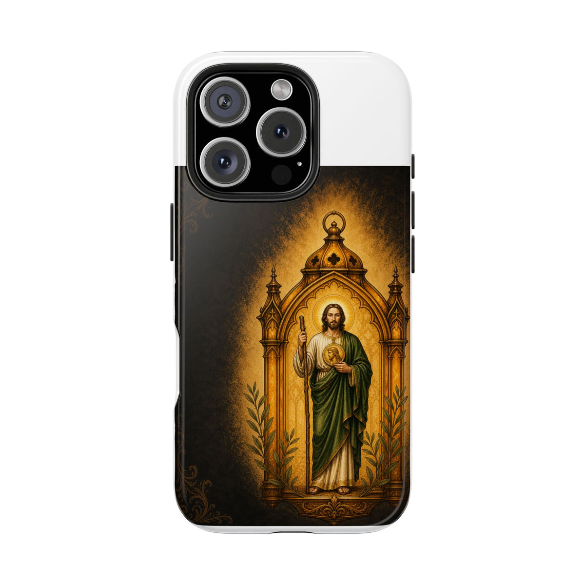 iPhone 16 Pro San Judas phone case with amber pilgrim lantern artwork