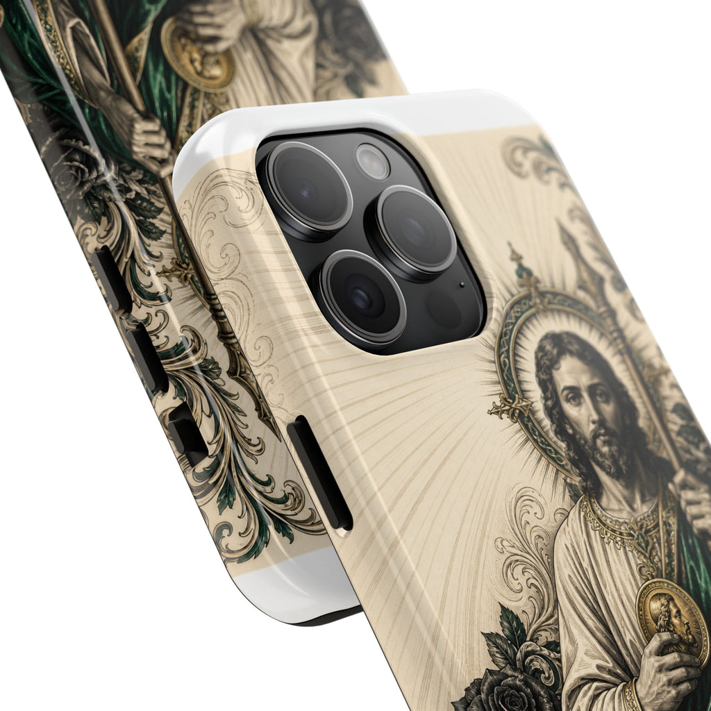 San Judas phone case with emerald and gold Sacred Heart artwork, detail view 19