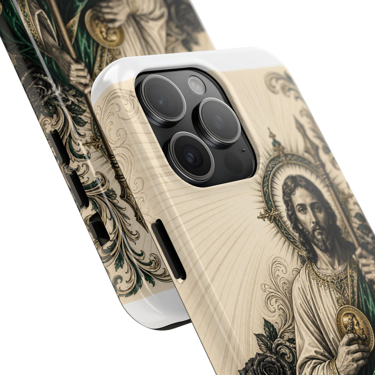 San Judas phone case with emerald and gold Sacred Heart artwork, detail view 19