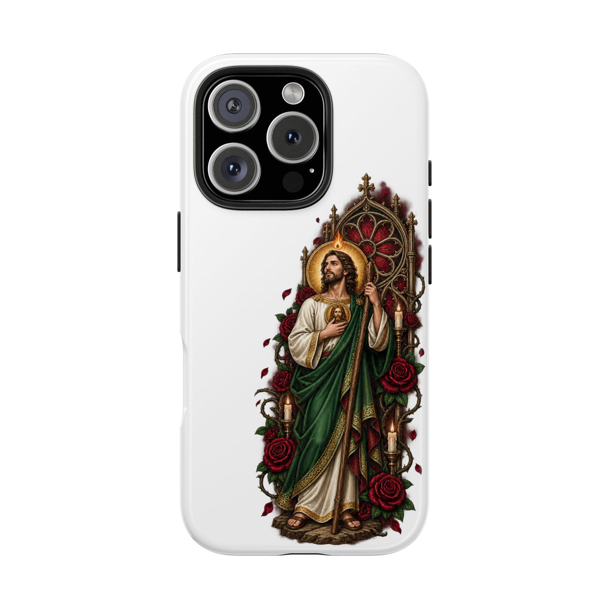 iPhone 16 Pro San Judas phone case with crimson rose window artwork