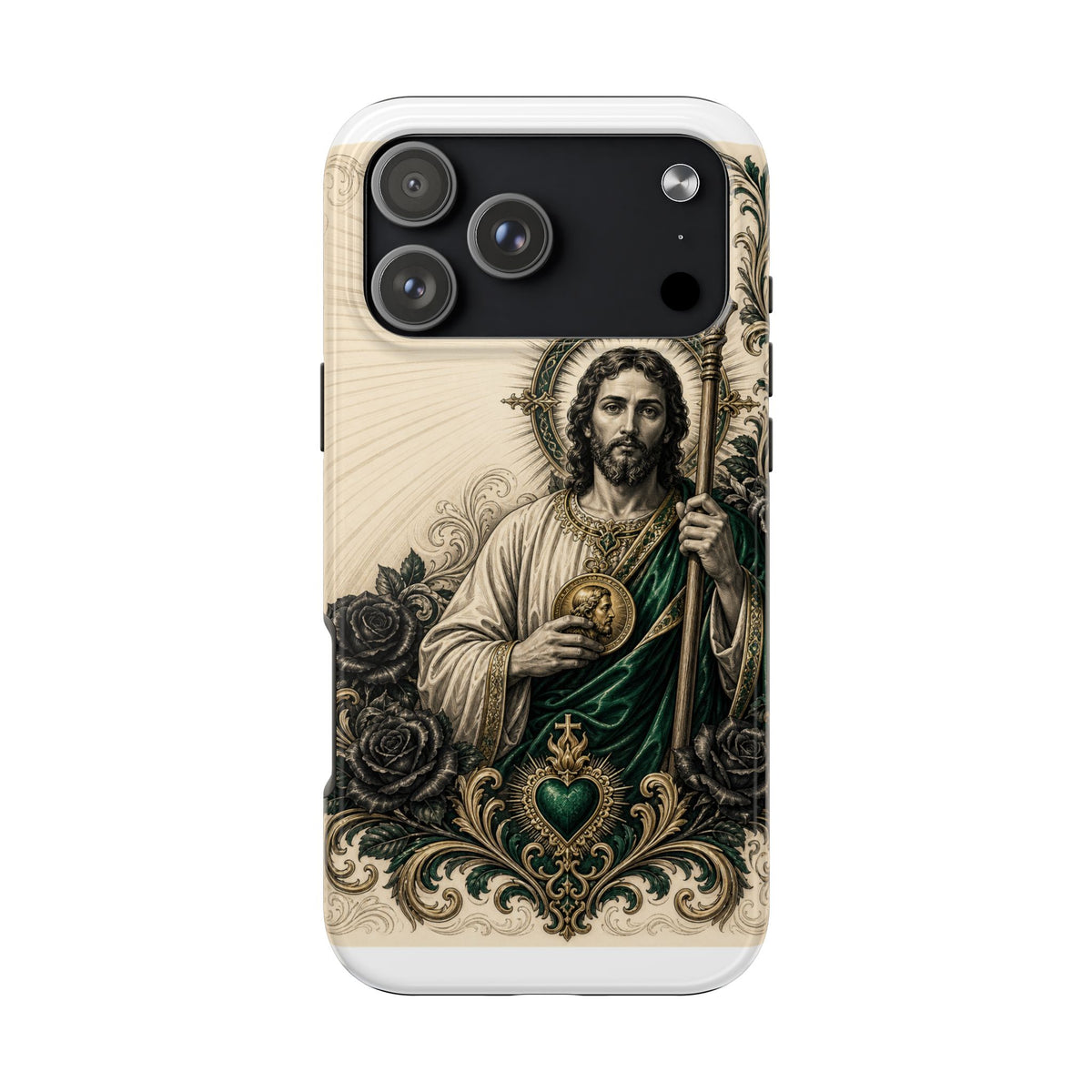 iPhone 17 Pro Max San Judas phone case with emerald and gold Sacred Heart artwork
