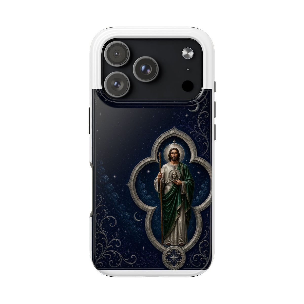 iPhone 17 Pro San Judas phone case with silver moon quatrefoil artwork