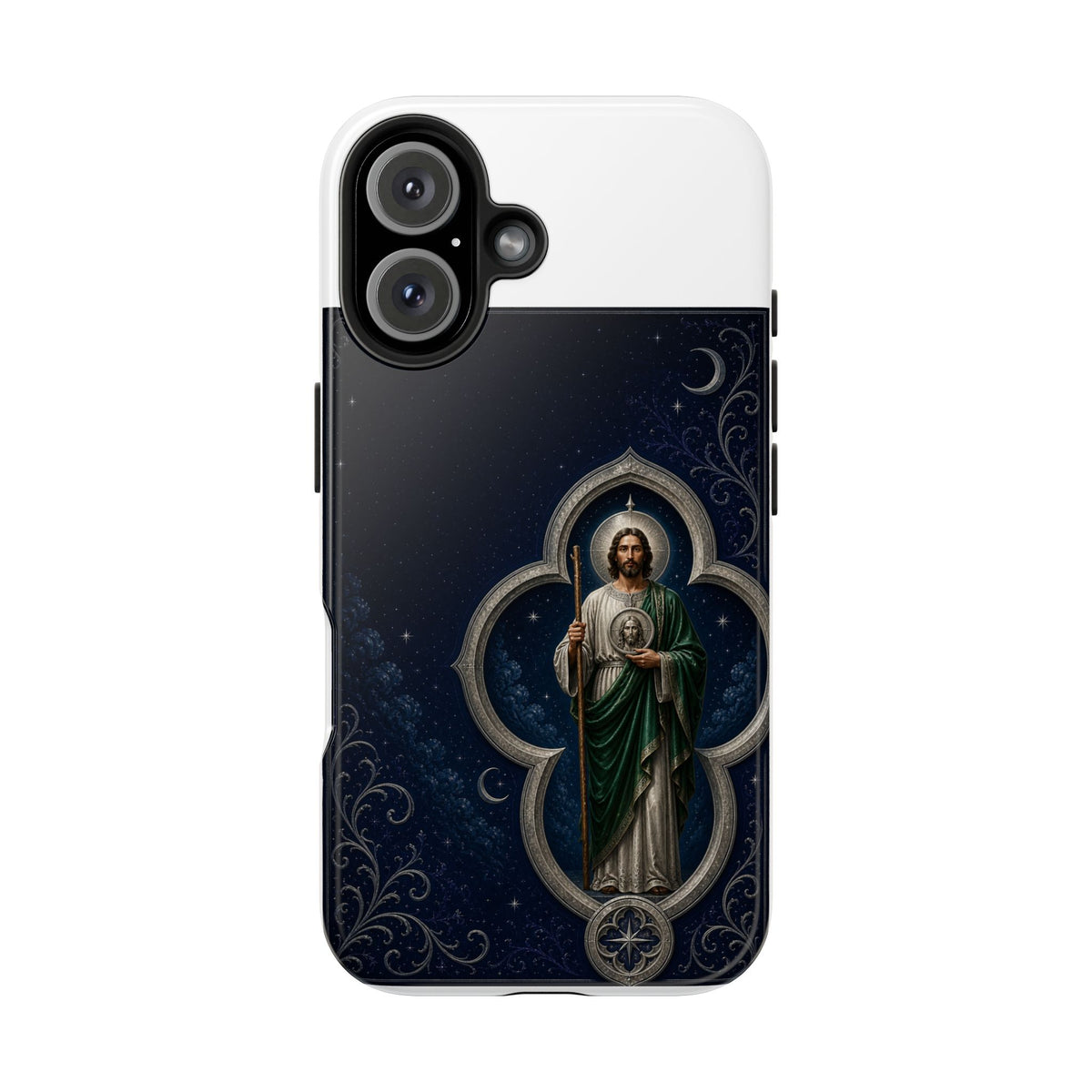 iPhone 16 San Judas phone case with silver moon quatrefoil artwork