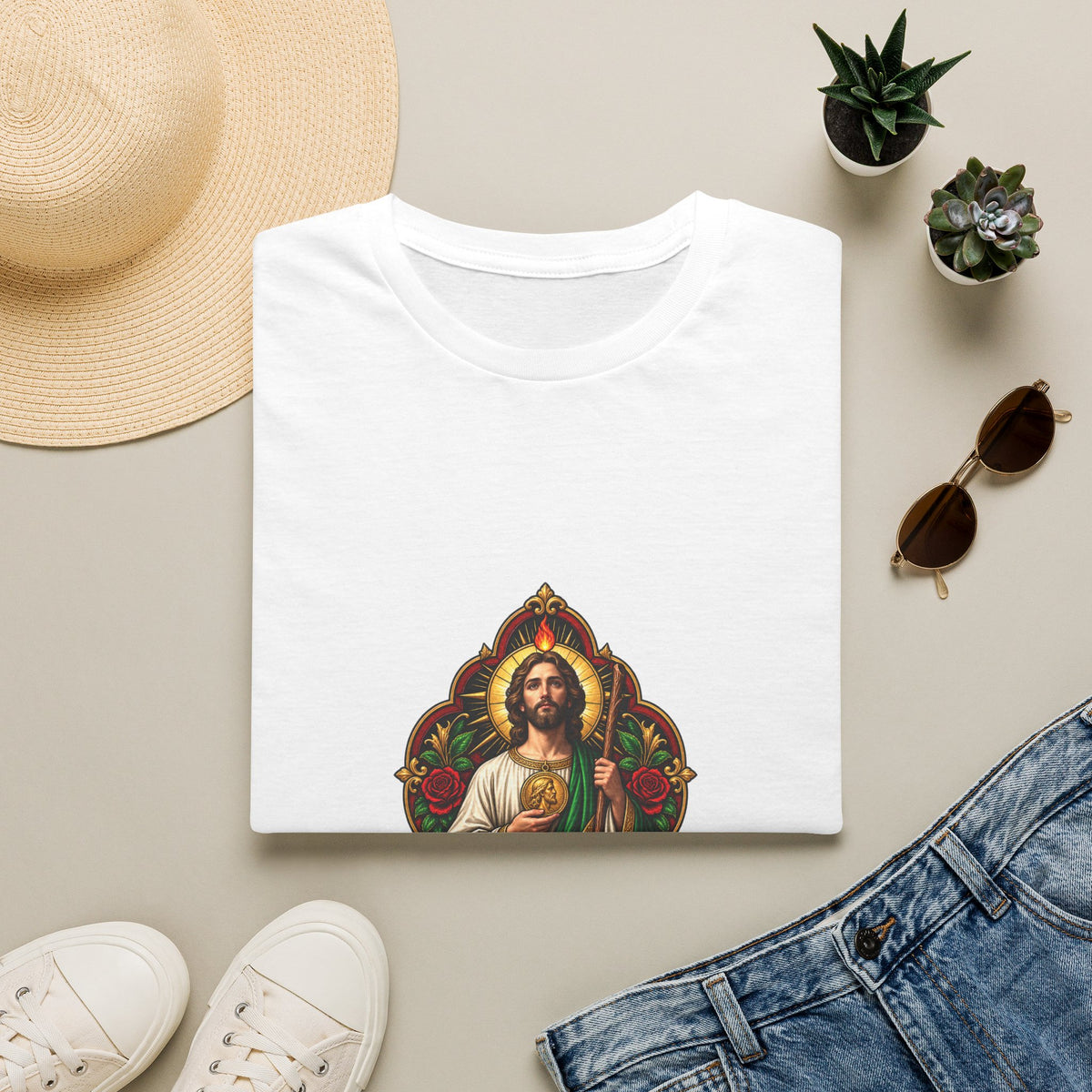 San Judas T-shirt with crimson covenant window and gold details