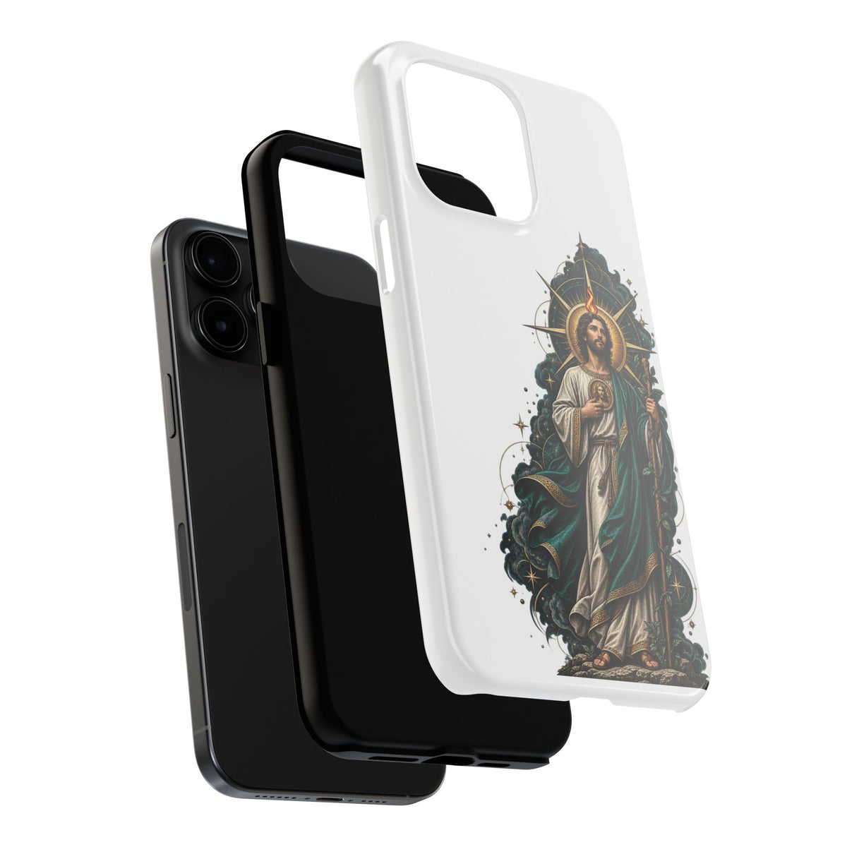 San Judas phone case with midnight blue compass artwork, detail view 21