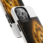 San Judas phone case with amber pilgrim lantern artwork, detail view 24