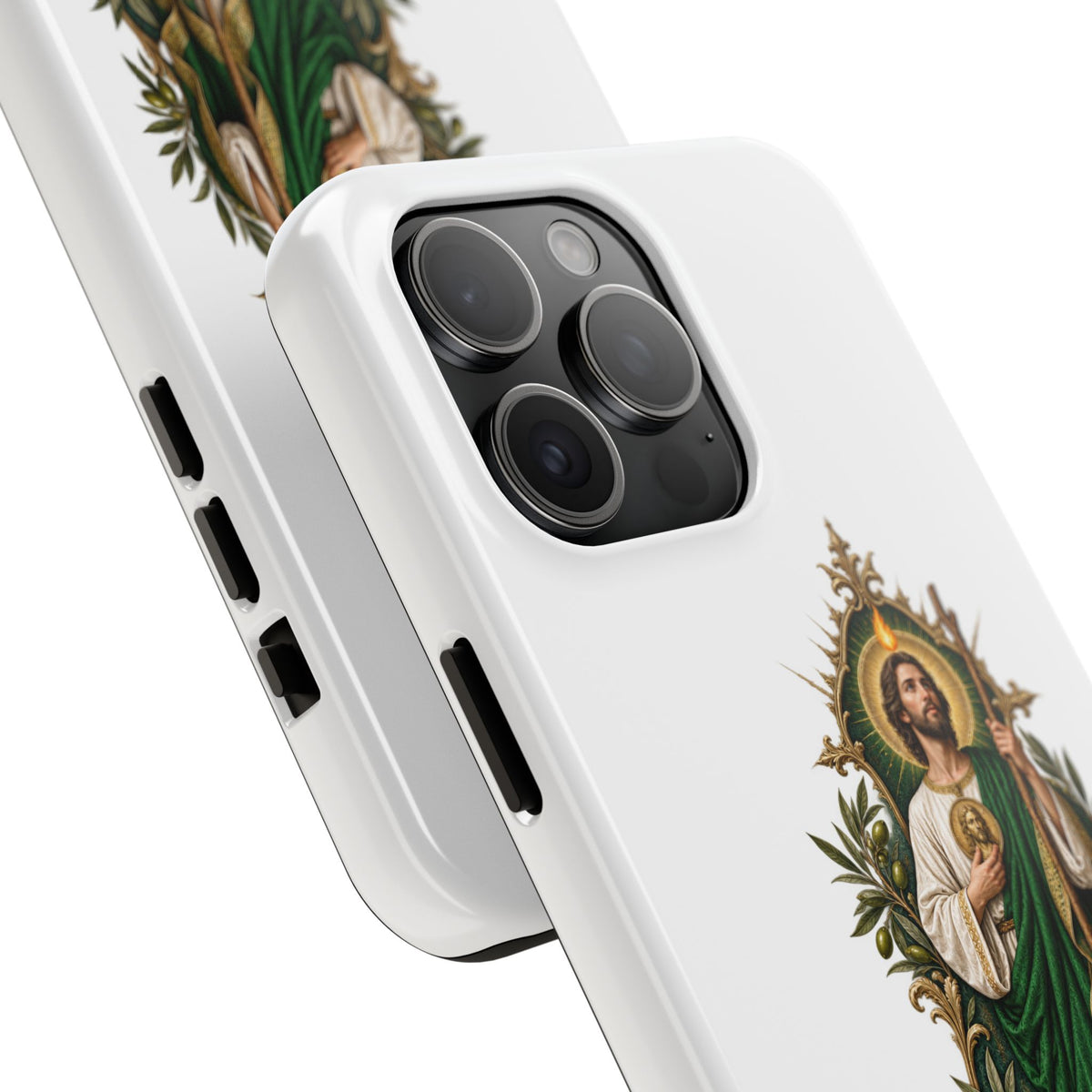 San Judas phone case with olive and antique gold reliquary artwork, detail view 19
