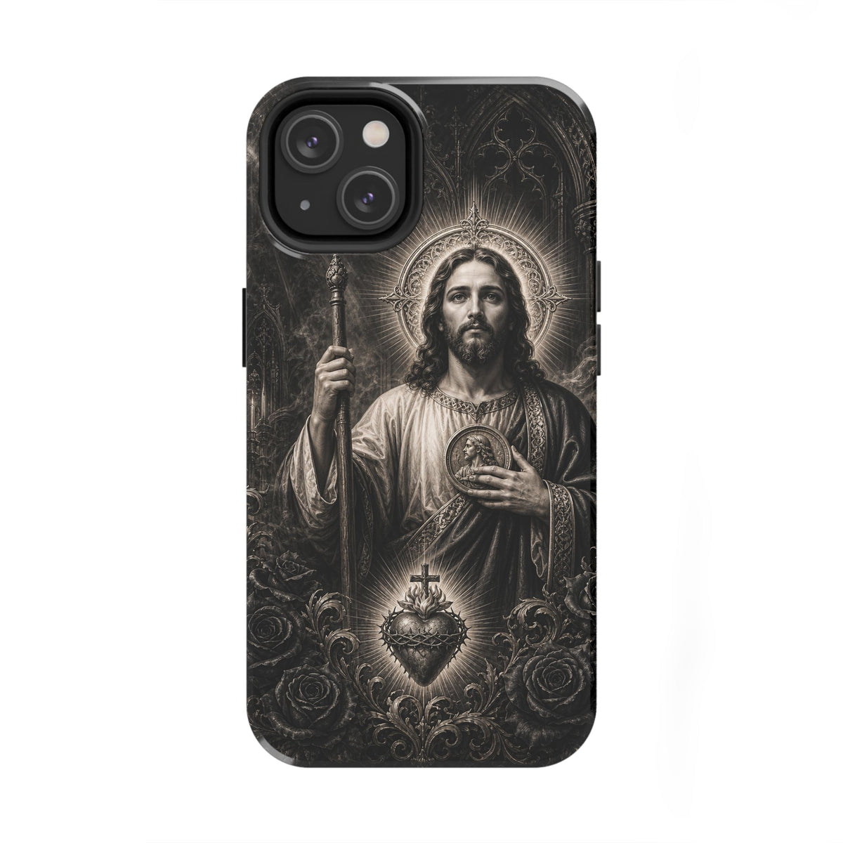 iPhone 14 San Judas phone case with black and grey Gothic cathedral artwork