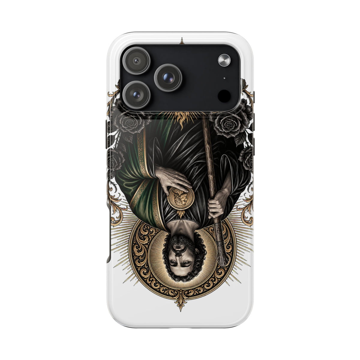 iPhone 17 Pro Max San Judas phone case with black and gold Sacred Heart artwork