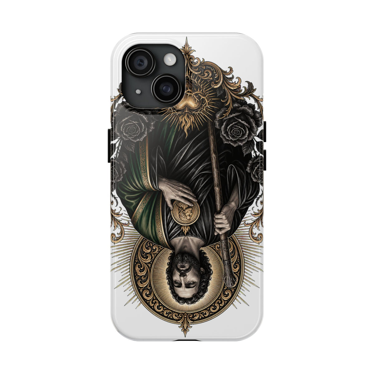 iPhone 15 San Judas phone case with black and gold Sacred Heart artwork