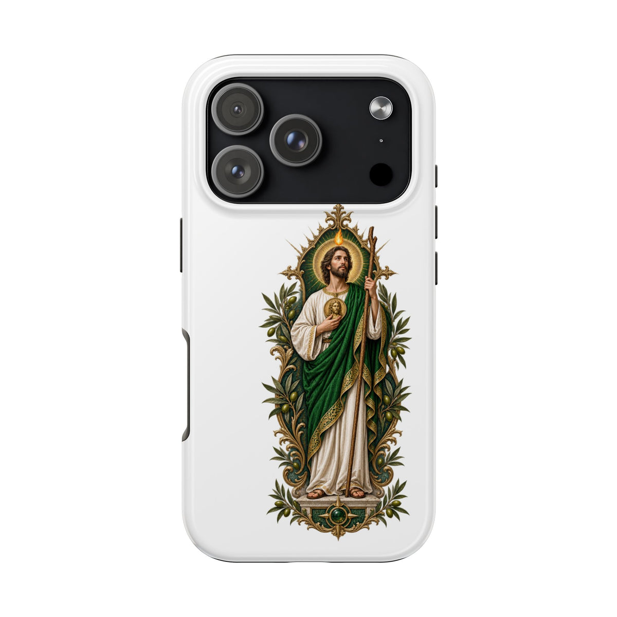 iPhone 17 Pro San Judas phone case with olive and antique gold reliquary artwork