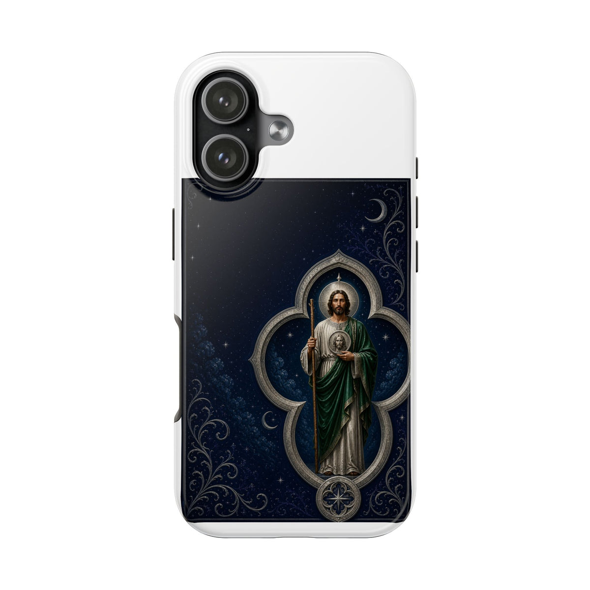 iPhone 17 San Judas phone case with silver moon quatrefoil artwork