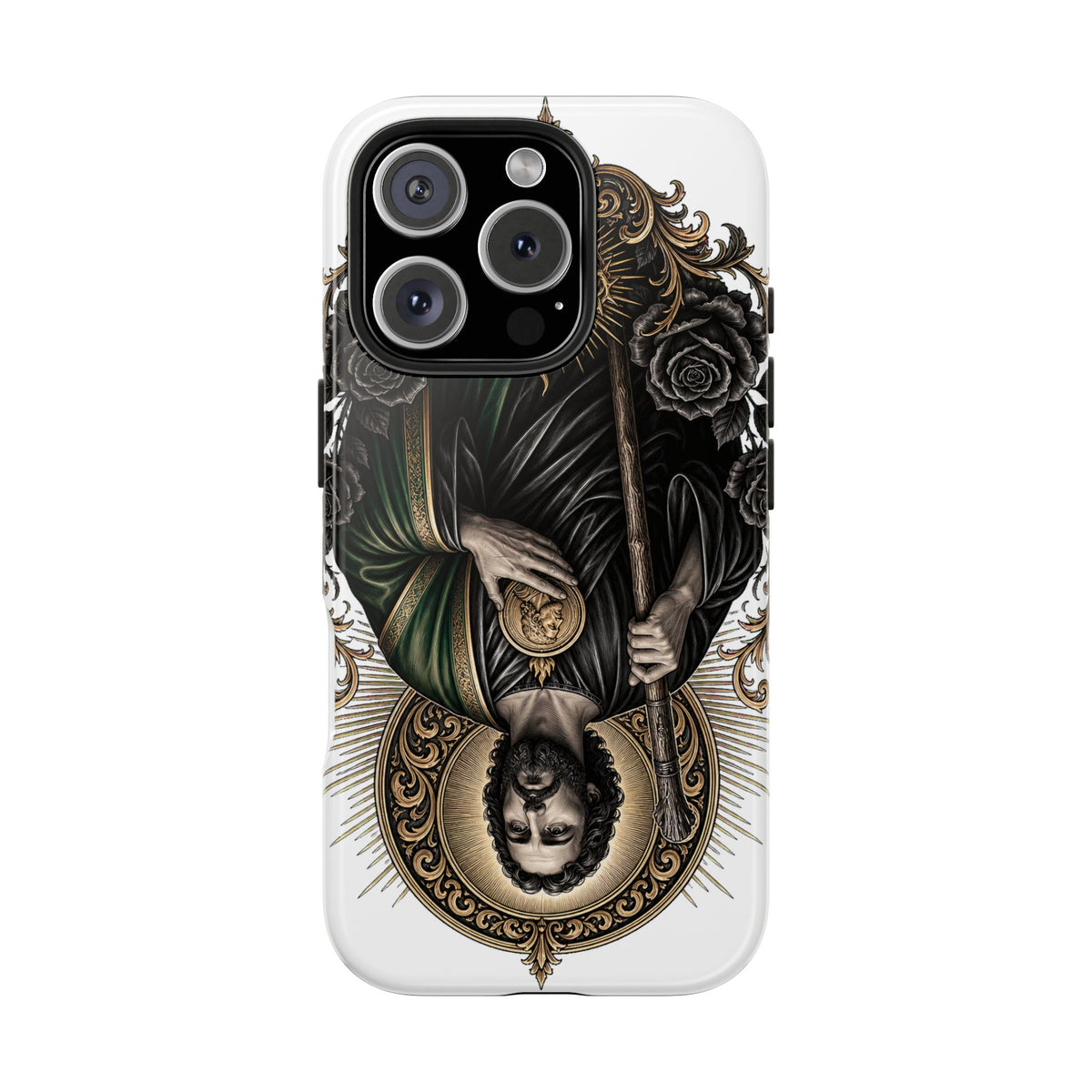 iPhone 16 Pro San Judas phone case with black and gold Sacred Heart artwork