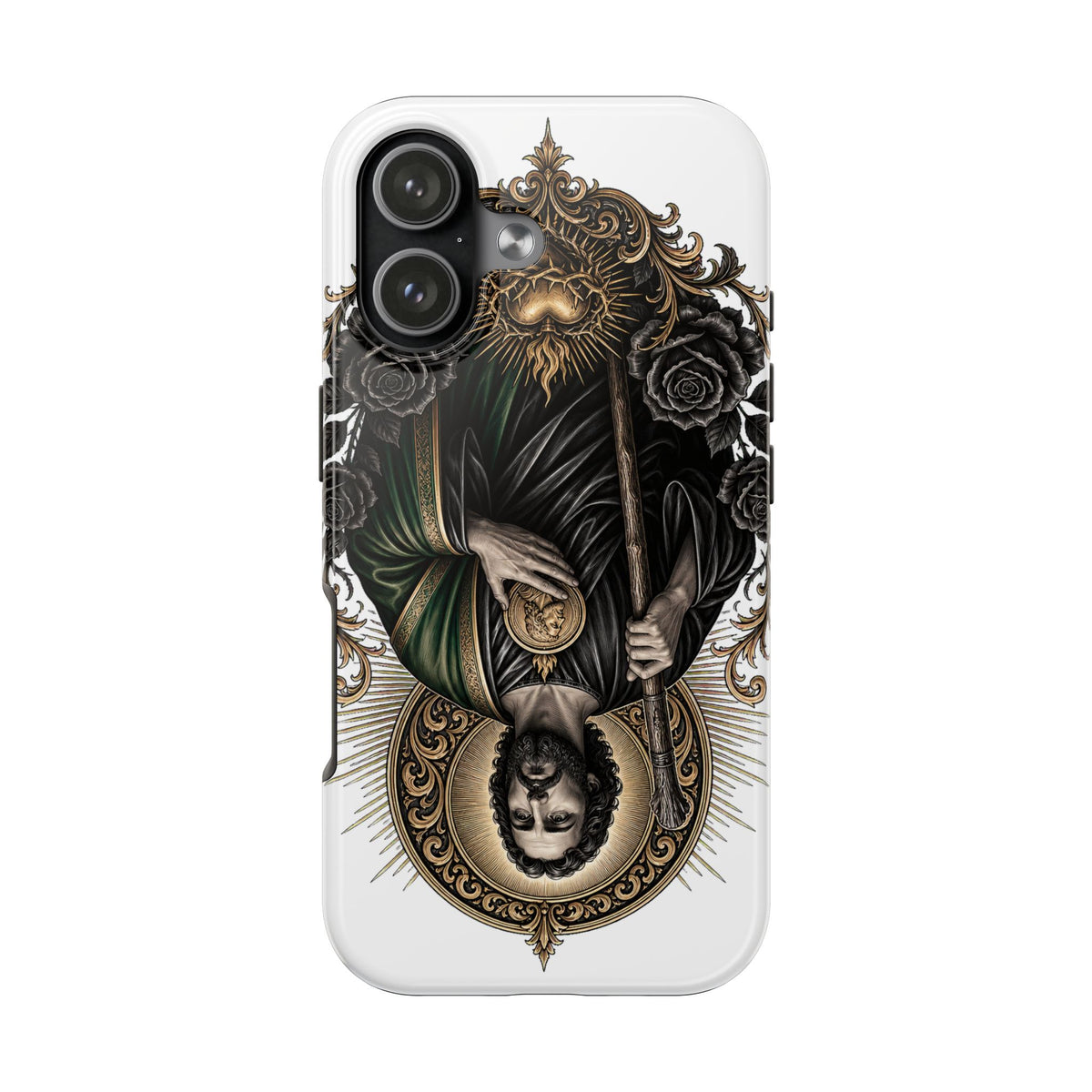 iPhone 17 San Judas phone case with black and gold Sacred Heart artwork
